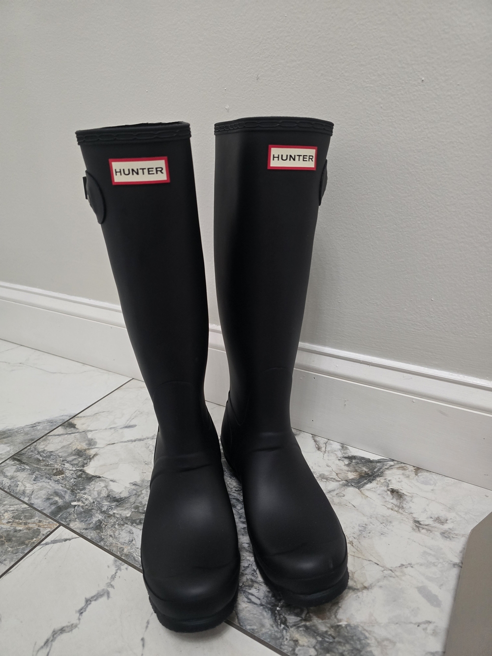 Hunter Black Tall Rain Boots with Red Logo